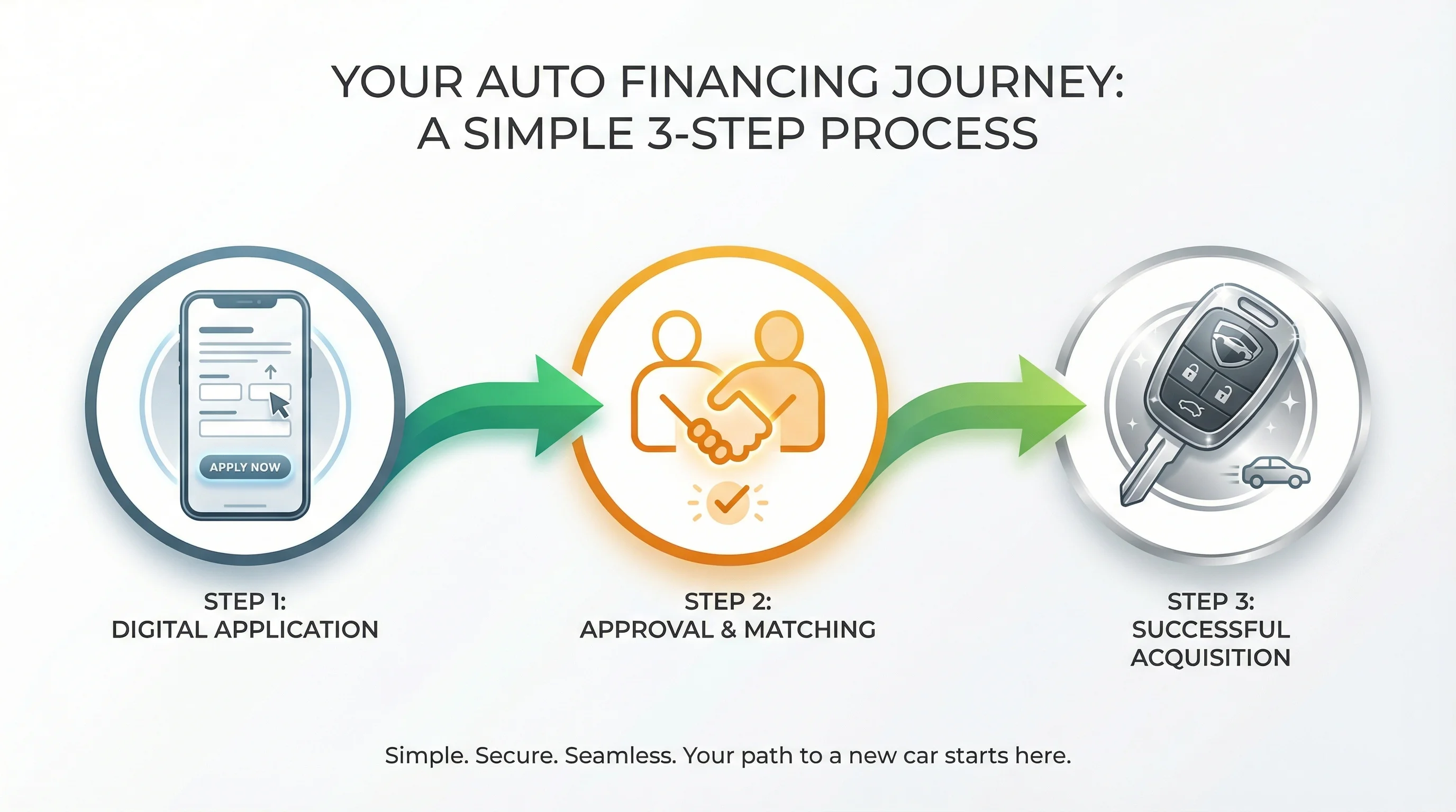 3-step application process: Apply online, get matched with a dealer, drive your car home