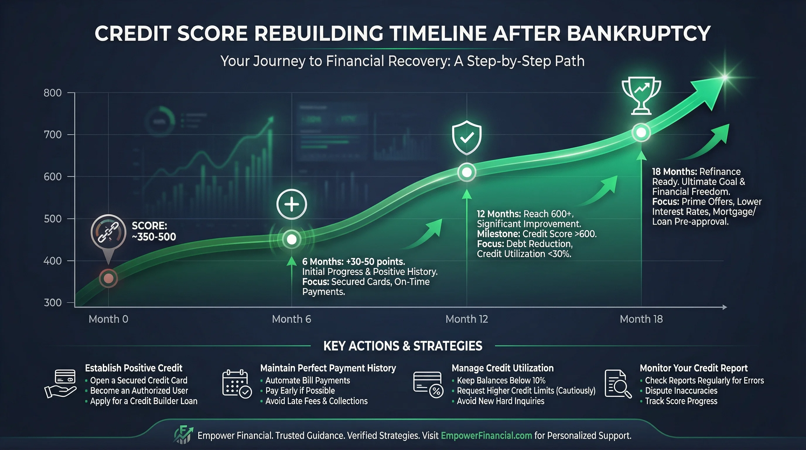 Credit score rebuild timeline after bankruptcy: 6 months +30-50 points, 12 months reach 600+, 18 months refinance ready