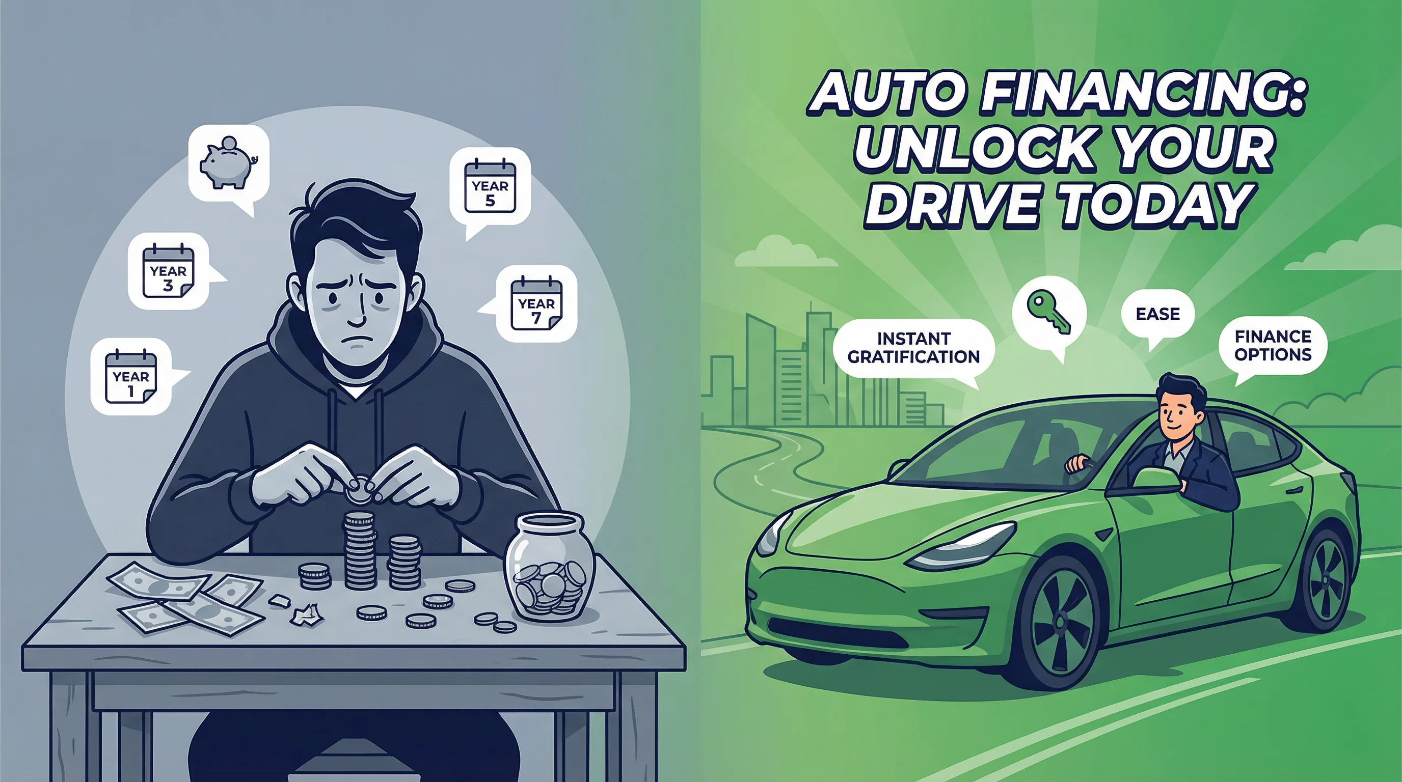 Comparison: saving for years vs financing and driving now