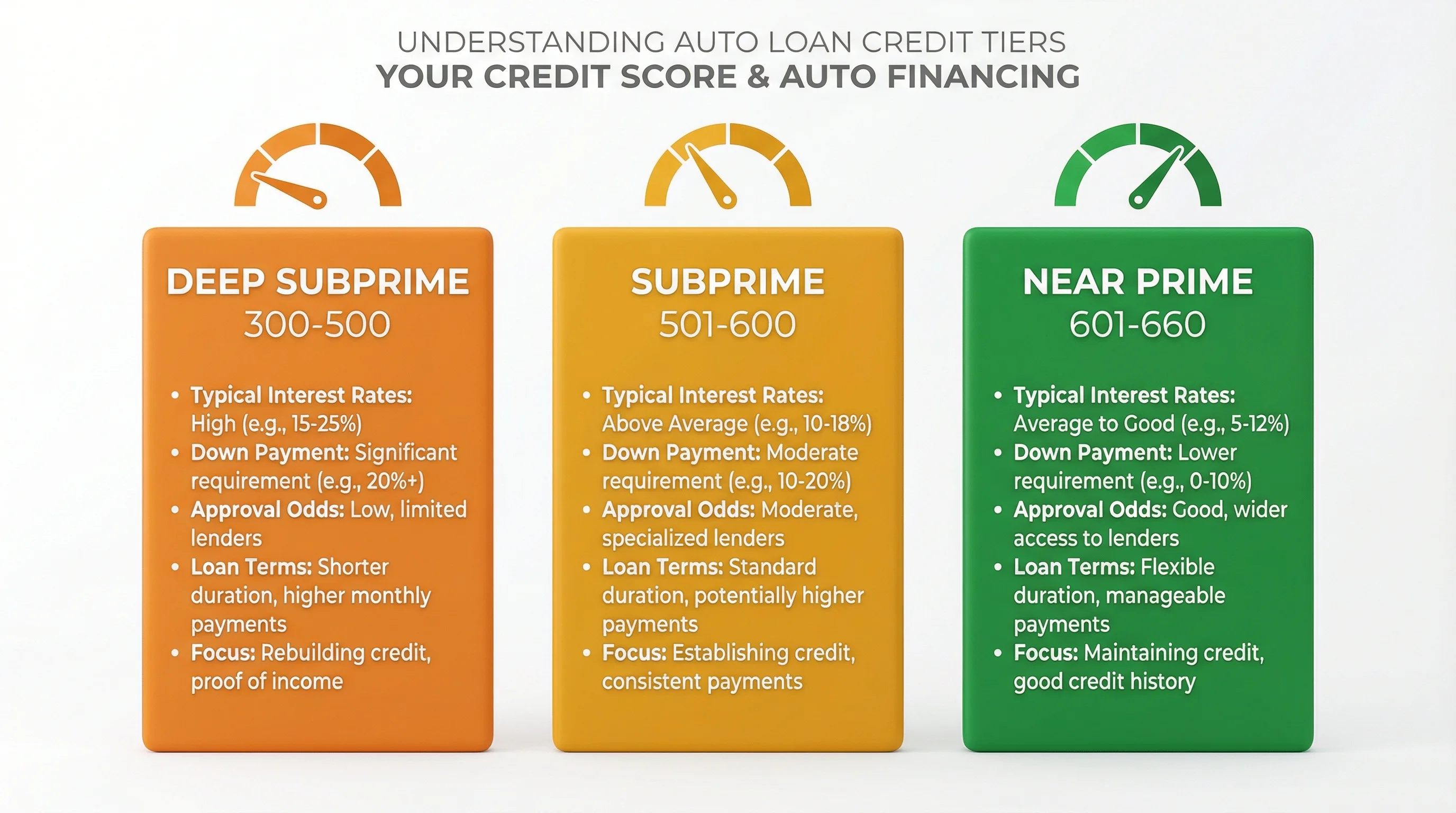 Subprime credit score tiers: Deep Subprime 300-500, Subprime 501-600, Near Prime 601-660